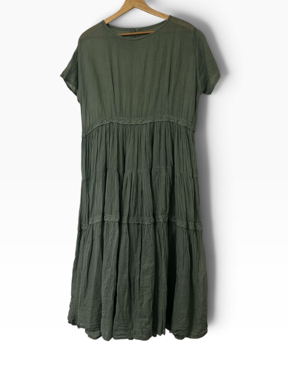 100% Cotton Green Tiered Maxi Dress Size Large Prairie Natural Beachy Boho